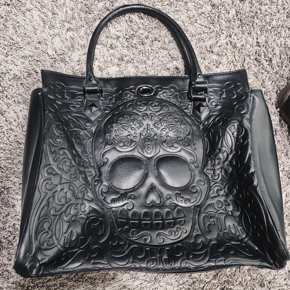 Black Embossed Skull Tote Bag
